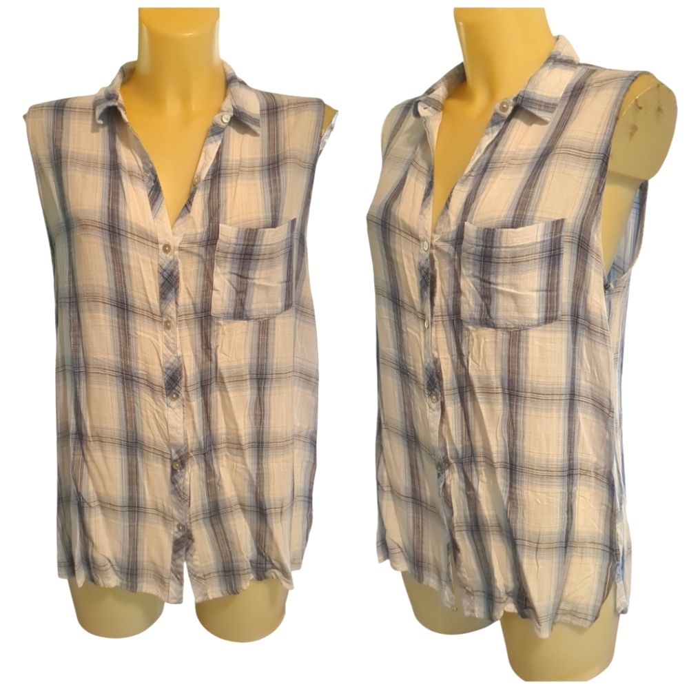 🌹3/15🌹STACCATO White And Blue Plaid Button Down Tank Top